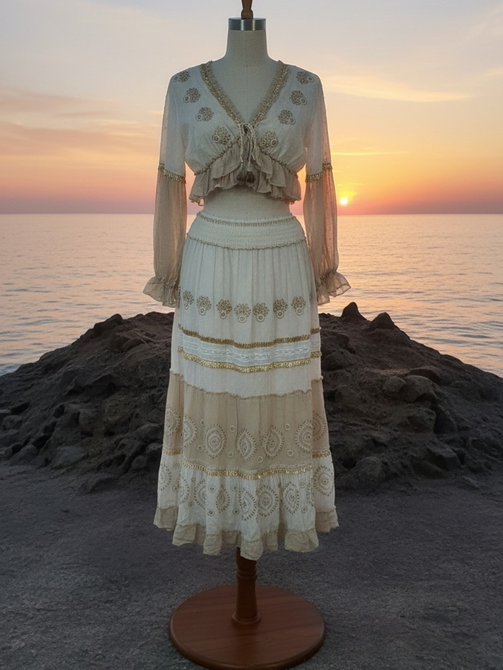 Boho Cream Tiered Midi Skirt - Elegant Embroidered Waist